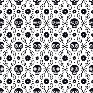 Day of the dead seamless pattern with skulls and flowers on white background Stock Illustration