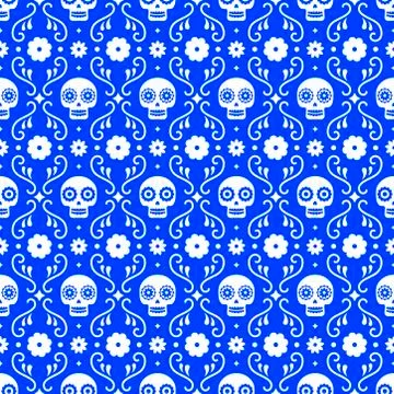 Day of the dead seamless pattern with skulls and flowers on blue background Stock Illustration