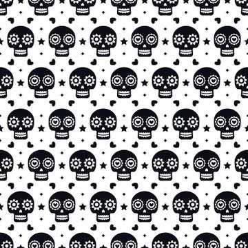 Day of the dead seamless pattern with skulls on white background. Traditional Stock Illustration