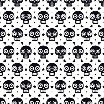 Day of the dead seamless pattern with skulls on white background. Traditional Stock Illustration