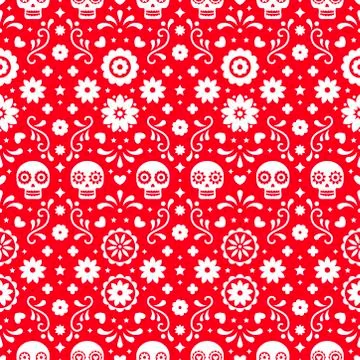 Day of the dead seamless pattern with skulls and flowers on red background Stock Illustration