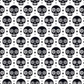 Day of the dead seamless pattern with skulls on white background. Traditional Stock Illustration