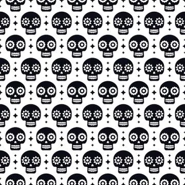 Day of the dead seamless pattern with skulls on white background. Traditional Stock Illustration