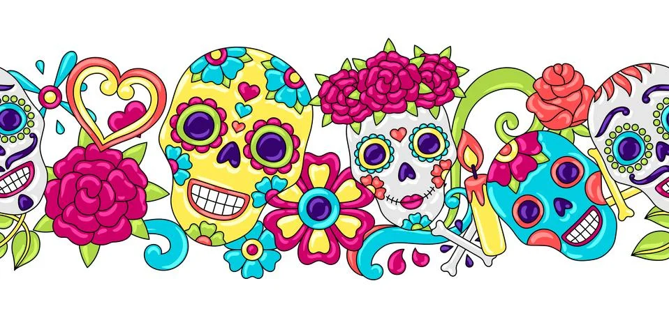 Day of the Dead seamless pattern. Sugar skulls with floral ornament. 스톡 일러스트