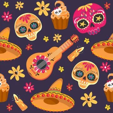 Day of the Dead seamless vector pattern with sugar skulls and flowers. Dia de Stock Illustration