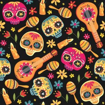 Day of the Dead seamless vector pattern with sugar skulls and flowers. Dia de Stock Illustration