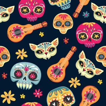 Day of the Dead seamless vector pattern with sugar skulls and flowers. Dia de Stock Illustration
