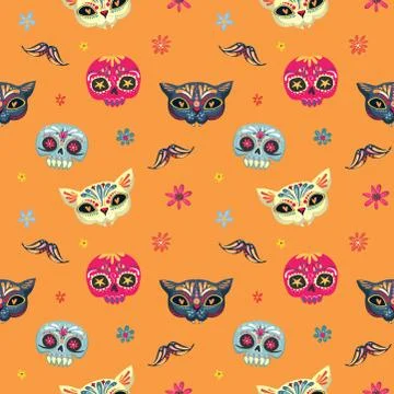 Day of the Dead seamless vector pattern with sugar skulls and flowers. Dia de Stock Illustration