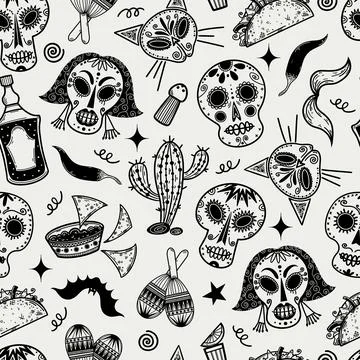 Day of the dead seamless vector pattern. Hand-drawn illustration Illustrazione stock