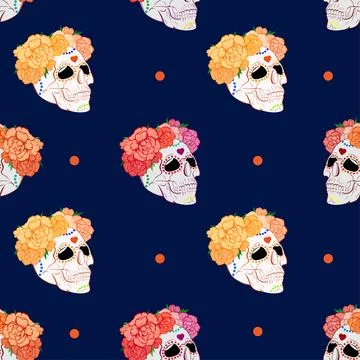 Day of the Dead. Seamless vector pattern with sugar skulls and flowers on d.. Stock Illustration