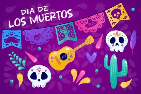 Day of the Dead set, elements on a purple background. Flags, skull, guitar,.. Stock Illustration
