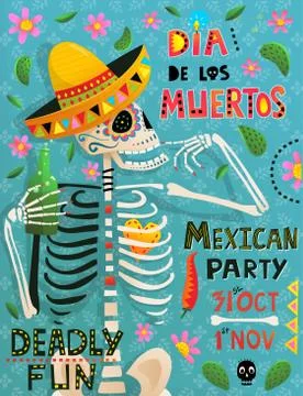 Day of the Dead Skeleton poster design with hand lettering Stock Illustration