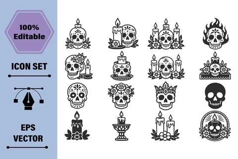 Day of the Dead sugar skull icon vector set with candles and floral elements Illustration