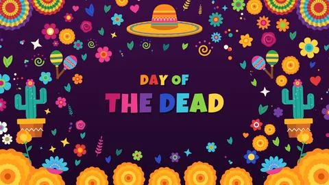 Day of the Dead text in a frame of paper fans, cactus, sombrero and marigol.. Stock Illustration