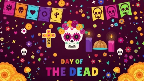 Day of the Dead text under a flower crown sugar skull with papel picado Stock-Footage 348259336