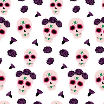 Day of the Dead. Vector Seamless pattern of Sugar Skulls and flowesr. Dia de los Illustrazione stock