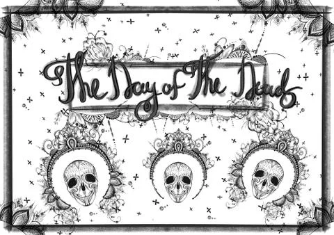 Day of the deat black and white banner in dot work style Stock Illustration