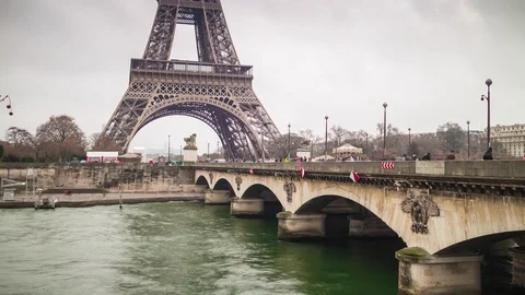 Day eiffel tower seine river bridge side panorama 4k time lapse paris france Stock Footage 74690960
