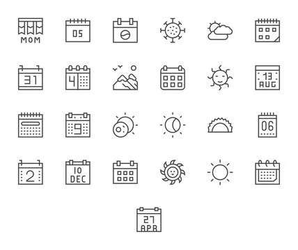 Day Essential Vector Set including 25 Pixel Aligned Regular Line Retina Rea.. Stock Illustration