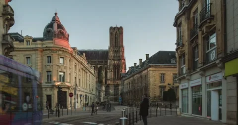 Day to evening lights Christmas Reims city center near cathedral, France Stock Footage 145332121