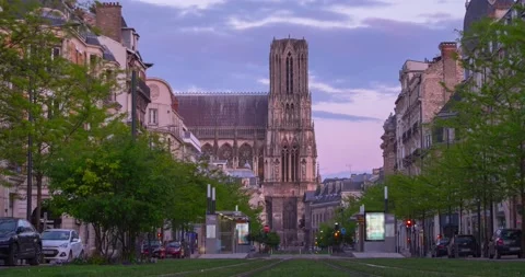Day to evening time-laps in Reims city center near cathedral, Champagne France Stock Footage