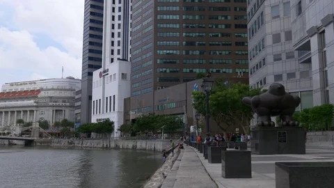 Day famous singapore city downtown boat quay walking panorama 4k Stock Footage