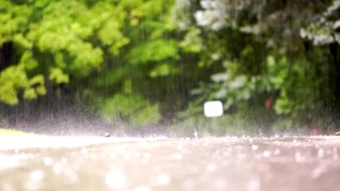 Day Heavy rain falling. The Vilnius outskirts. Light and shadow, sunlight and ra Stock Footage 275646827