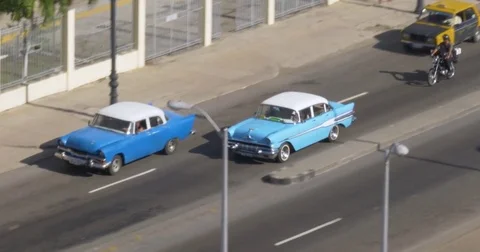 Day High Angle Aerial View of Classic Cars on Havana Streets Stock Footage