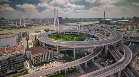 Day light traffic interchange panorama 4k time lapse from shanghai Stock Footage 46556050
