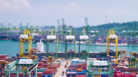 Day Miniature Tilt-shift Timelapse of unloading in Busy Port of Asia Stock Footage