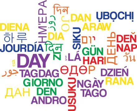 Day multilanguage wordcloud background concept Stock-Illustration