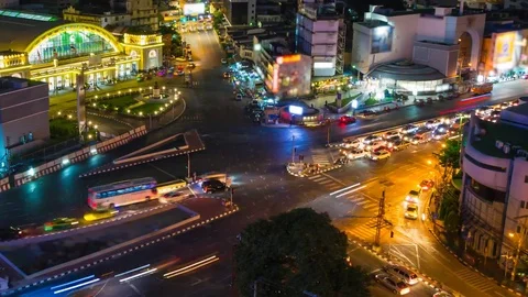 Day to Night Cityscape Crossroad Traffic Of Bangkok, Thailand 4K Time Lapse Stock Footage 80687576