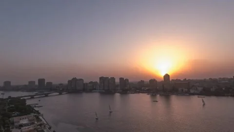 Day to night (holy grail) Timelapse video from Cairo, Egypt shows Nile river Stock Footage 285960605