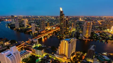 Day to night motion time lapse of Bangkok city with Chao Phraya River, Thailand Stock Footage 136872985