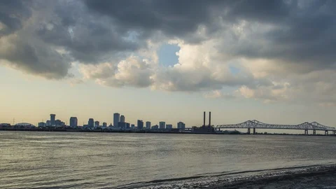Day-Night Pan View of Crescent Bridge, Mississippi River and DT NOLA, 4k Stock Footage 87197944