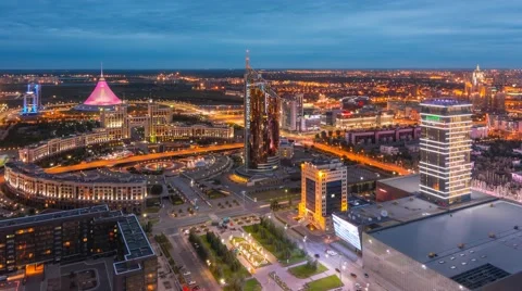 Day to night panoramic view of the Astana city with the Khan Shatyr building Stock-Footage 53138043