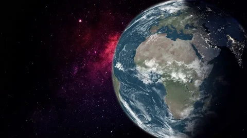 Day to night Realistic globe spinning slowly and a nebula in the background Stock Footage 131096306