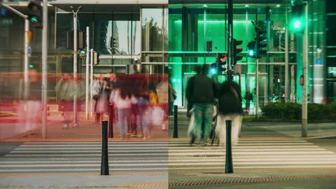 Day night split framed time-lapse people crowd crossing street, busy crossroad Stock Footage 310066426