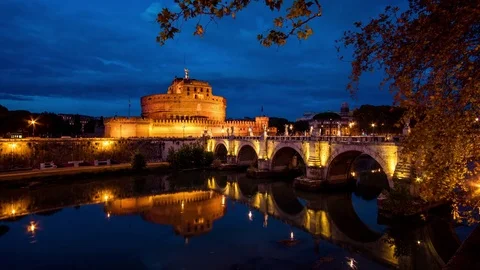 Day to night sunset time lapse old in Rome Italy of Castello Sant'Angelo Stock Footage 84833012