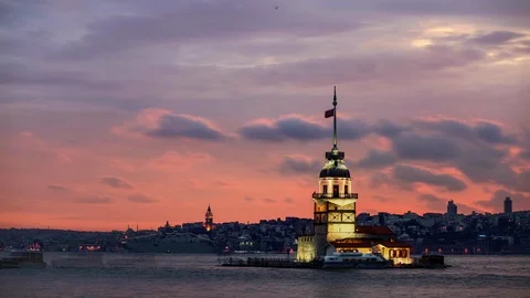 Day to Night Sunset Time-Lapse Video of Istanbul with Maiden's and Galata Tower Stock Footage