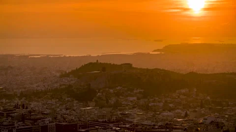 Day to night sunset time lapse view of the skyline of Athens Stock Footage 266125661