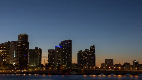 Day to night sunset timelapse hyperlapse of Miami downtown over water Stock Footage 100837519