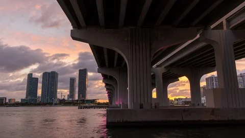 Day to night sunset timelapse hyperlapse view of I-195 Highway Bridge, Miami Stock Footage