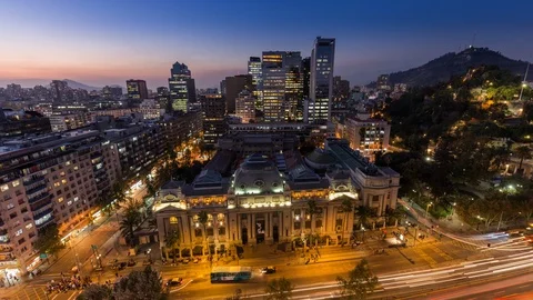 Day to night sunset timelapse hyperlapse of national library, Santiago Chile Stock Footage