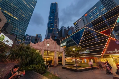 Day to night sunset timelapse of Raffles Place in Singapore. ProRes 422 Stock Footage 100001014