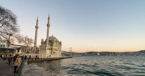 Day to night sunset timelapse scene of the beautiful renovated Ortakoy mosque in Stock-Footage 211862278