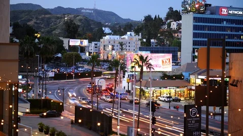 Day to Night Time Lapse Aerial View of Los Angeles Hollywood Cars Motion Street Stock Footage 106433444