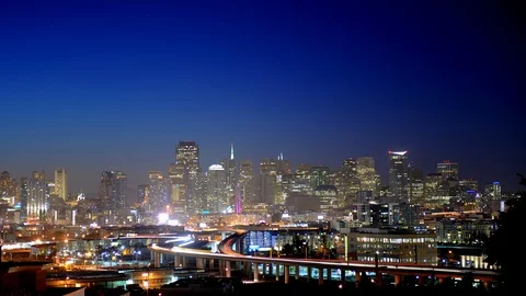 Day to Night Time Lapse Aerial View San Francisco Skyline Car Traffic on Freeway Stock Footage 109313887
