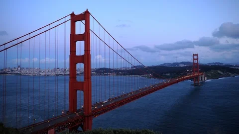 Day to Night Time Lapse Aerial View of San Francisco Skyline Car Traffic Bridge Stock Footage 109314024
