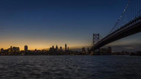 Day to Night Time Lapse of Ben Franklin Bridge in Philadelphia Video stock 117774810